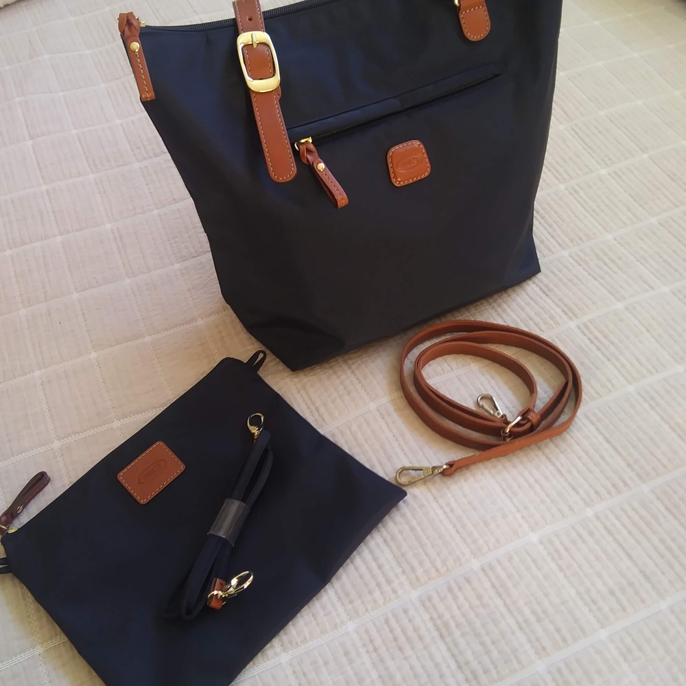 BRICS NAVY NYLON AND LEATHER SPORTINA TRAVEL TOTE SHOULDER BAG *EUC*